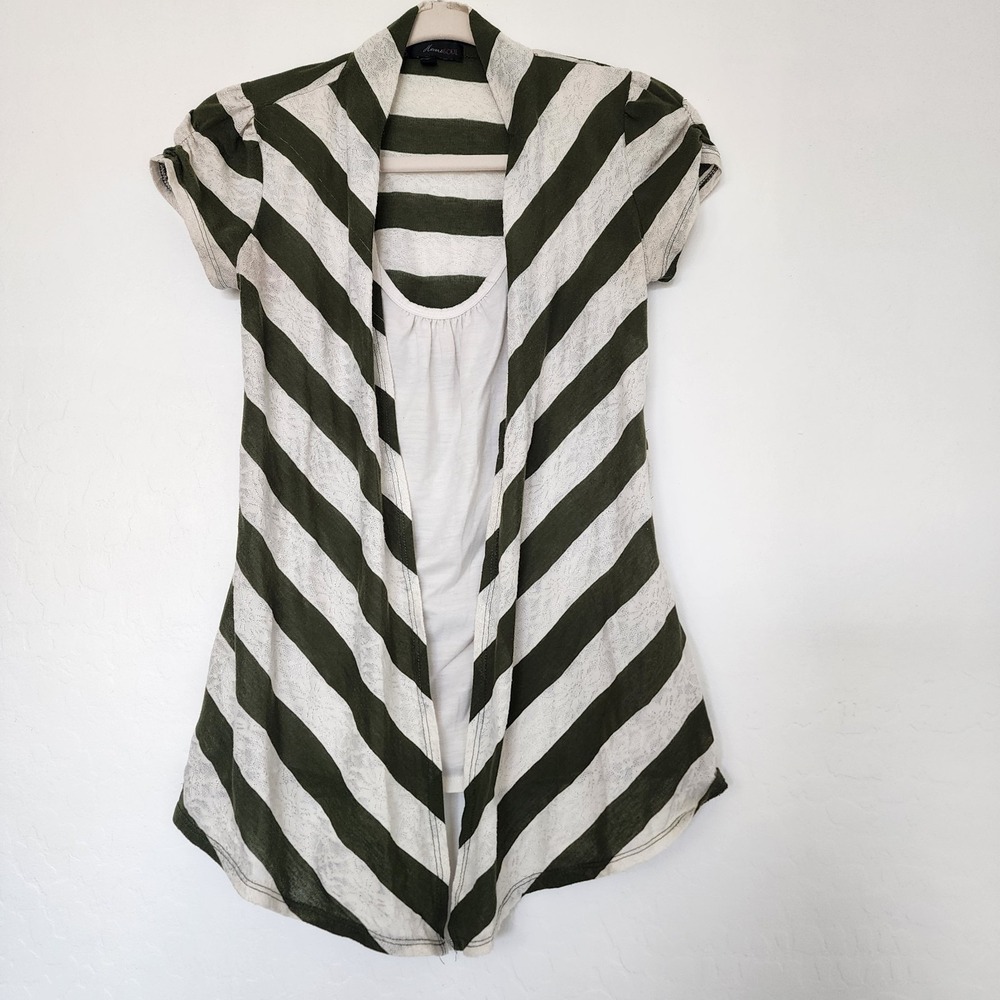 Heart Soul Striped Cardigan Top Small Olive Cream Open Front Layered Tank